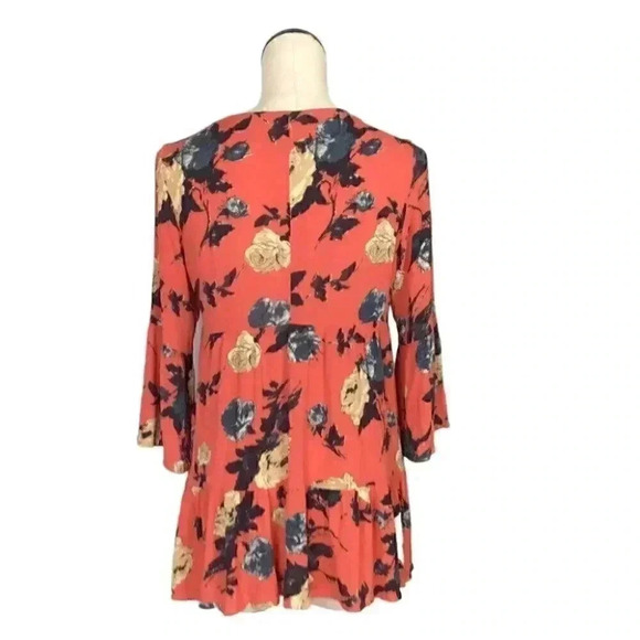 Miss Me Top Womens S Orange Floral Rayon Tiered Ruffle 3/4 Sleeves Lace Boho - Picture 4 of 5